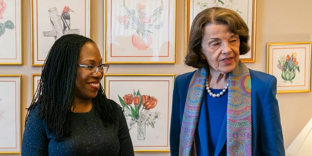 Sen. Dianne Feinstein, D-Calif., greets Supreme Court nominee Judge Ketanji Brown Jackson in her hideaway office at the Capitol, Wednesday, March 16, 2022, in Washington.