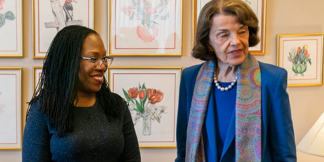 Sen. Dianne Feinstein, D-Calif., greets Supreme Court nominee Judge Ketanji Brown Jackson in her hideaway office at the Capitol, Wednesday, March 16, 2022, in Washington.