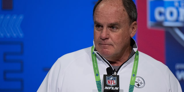Pittsburgh Steelers general manager Kevin Colbert answers questions from the media during the NFL Scouting Combine on March 1, 2022, at the Indiana Convention Center in Indianapolis.