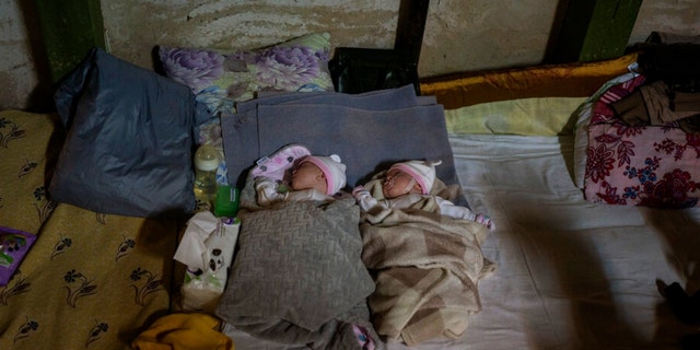 Newborn twin brothers sleep in a basement used as a bomb shelter at the Okhmadet children's hospital in central Kyiv, Ukraine, Monday, Feb. 28, 2022. 