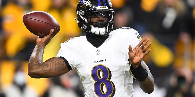 Baltimore Ravens' Lamar Jackson # 8 during a match against the Pittsburgh Steelers at Heinzfield on December 5, 2021 in Pittsburgh, Pennsylvania.