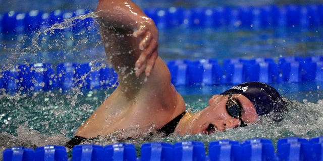 University of Pennsylvania transgender athlete Lia Thomas swims in a preliminary heat for the 500 meter freestyle at the NCAA Swimming and Diving Championships Thursday, March 17, 2022, at Georgia Tech in Atlanta.