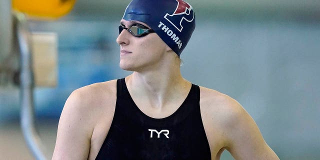 Pennsylvania's Lia Thomas waits for a preliminary heat in the Women's NCAA 500 meter freestyle swimming championship start Thursday, March 17, 2022, in at Georgia Tech in Atlanta.