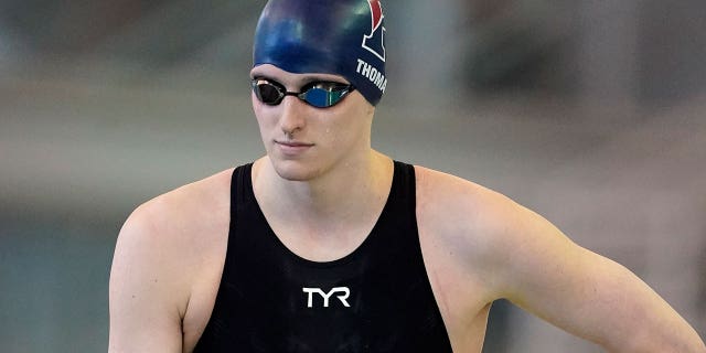 Pennsylvania's Lia Thomas prepares to swim the women's 500-yard freestyle final at the NCAA swimming and diving championships