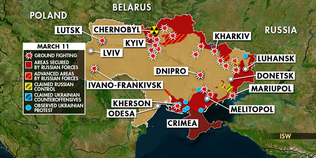 Ο χάρτης δείχνει τη ρωσική εισβολή στην Ουκρανία από τις 11 Μαρτίου 2022. 