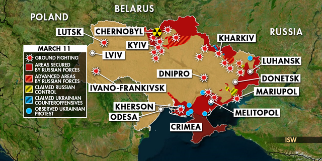 Map shows Russia's invasion of Ukraine as of Friday, March 11, 2022.