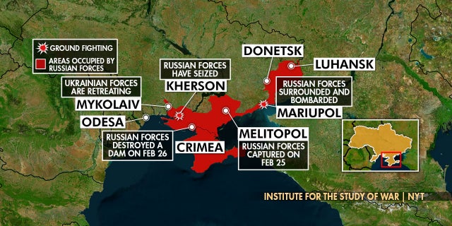 This map made March 2, 2022, shows Russian-controlled areas in southern Ukraine.