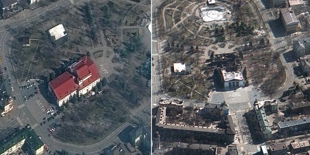 Das Satellitenbild zeigt, wie Maxar das Mariupol-Theater in der Ukraine vor und nach den Luftangriffen am 16. März 2022 einfängt. "Kinder" Kann in weißer Schrift gefunden werden.