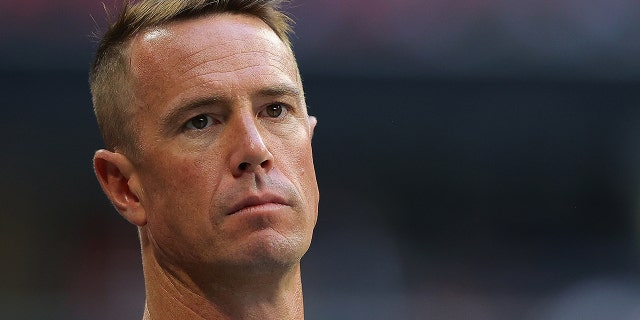 Matt Ryan of the Falcons looks on during the Tennessee Titans game at Mercedes-Benz Stadium on Aug. 13, 2021, in Atlanta, Georgia.