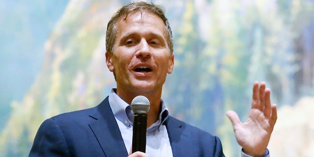 FILE - Former Missouri Gov. Eric Greitens, speaks at the Taney County Lincoln Day event at the Chateau on the Lake in Branson, Mo., April 17, 2021. 