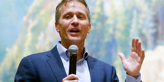 FILE - Former Missouri Gov. Eric Greitens, speaks at the Taney County Lincoln Day event at the Chateau on the Lake in Branson, Mo., April 17, 2021.