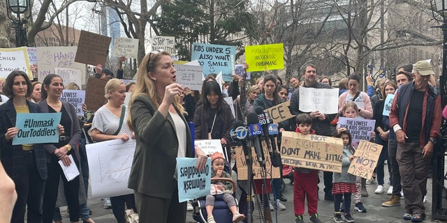 NYC parent and education advocate Maud Maron speaks at an anti-mask rally outside City Hall March 7, 2022.