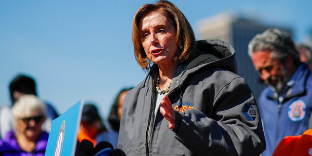 House Speaker Nancy Pelosi speaks at a news conference about infrastructure at Pier One in Brooklyn Bridge Park, New York, on Monday, March 14, 2022, in D-Calif, New York.