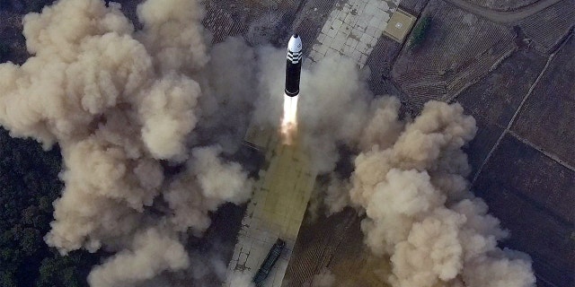 An overview of what state media is reporting is the launch of the Hwasong-17 intercontinental ballistic missile in this undated photo released on March 25, 2022.