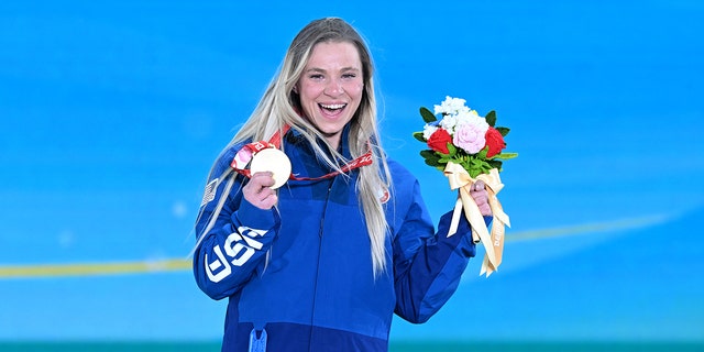 Gold medalist Oksana Masters of Team United States poses during the medal ceremony for the women's parabiathlon sprint on the second day of the Beijing 2022 Paralympic Winter Games in Zhangjiakou Medals Square on March 6, 2022 , in Zhangjiakou, Hebei Province of China.