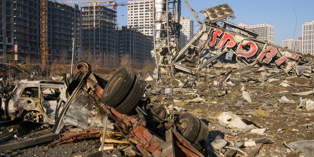 Destroyed shopping center after it was hit in a military strike in the Podilskyi residential district of Kyiv, as Russia's invasion of Ukraine continues, in Kyiv, Ukraine March 21, 2022.