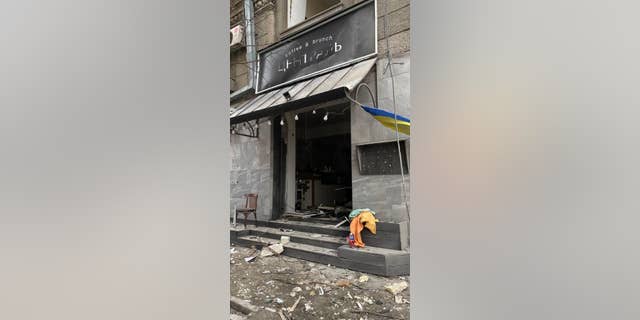 The outside of Olga's coffee shop after the bombing