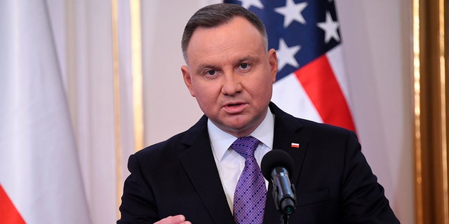 Polish President Andrzej Duda speaks during a joint press conference with Vice President Kamala Harris, in Warsaw, Poland, Thursday, March 10, 2022. 