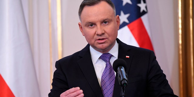 Polish President Andrzej Duda speaks during a joint press conference with Vice President Kamala Harris, in Warsaw, Poland, Thursday, March 10, 2022. 