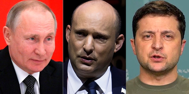 Russian President Vladimir Putin, left, Israeli Prime Minister Naftali Bennett, center, and Ukrainian President Volodymyr Zelenskyy.