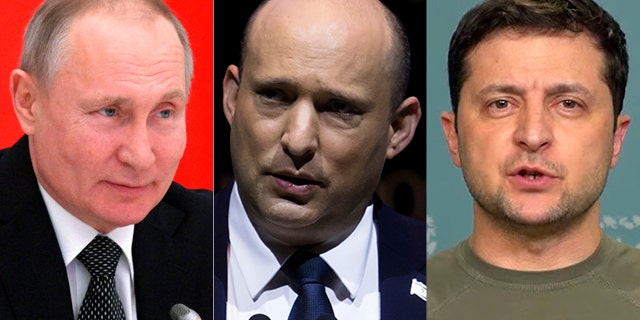 Russian President Vladimir Putin, left, Israeli Prime Minister Naftali Bennett, center, and Ukrainian President Volodymyr Zelenskyy.