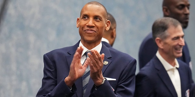 NBA Legend, Reggie Miller looks on before the NBA 75 Legends Portrait as part of 2022 NBA All Star Weekend on Feb. 20, 2022 at Rocket Mortgage FieldHouse in Cleveland, Ohio