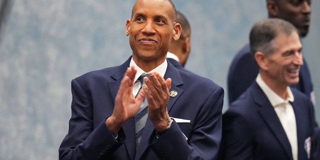 Reggie Miller looks on before NBA Legends 75 portrait