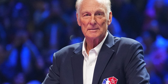 NBA Legend, Rick Barry is introduced during the NBA 75th Anniversary celebration during the 2022 NBA All-Star Game as part of 2022 NBA All Star Weekend on February 20, 2022 at Rocket Mortgage FieldHouse in Cleveland, Ohio.