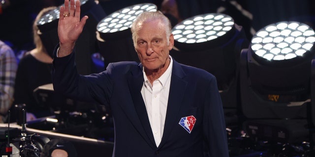 NBA legend Rick Barry is introduced to the 75th anniversary team during the 2020 NBA All-Star Game as part of 2020 NBA All-Star Weekend on February 20, 2022 at Rocket Mortgage FieldHouse in Cleveland, Ohio.