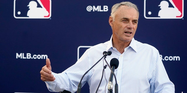 Major League Baseball Commissioner Rob Manfred speaks during a news conference after negotiations with the players' association toward a labor deal, Tuesday, March 1, 2022, at Roger Dean Stadium in Jupiter, Florida. 