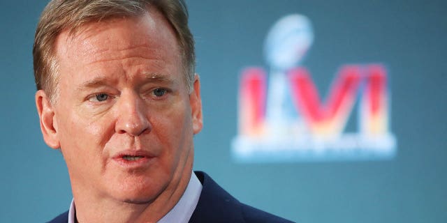 NFL Commissioner Roger Goodell speaks to the media during the Super Bowl LVI head coach and MVP press conference at Los Angeles Convention Center Feb. 14, 2022, in Los Angeles.