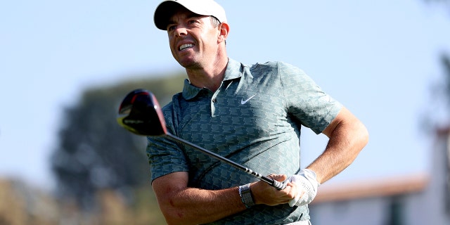 Rory McIlroy, of Northern Ireland, tees off on the second hole during the final round of the Genesis Invitational golf tournament at Riviera Country Club, Sunday, Feb. 20, 2022, in the Pacific Palisades area of Los Angeles.