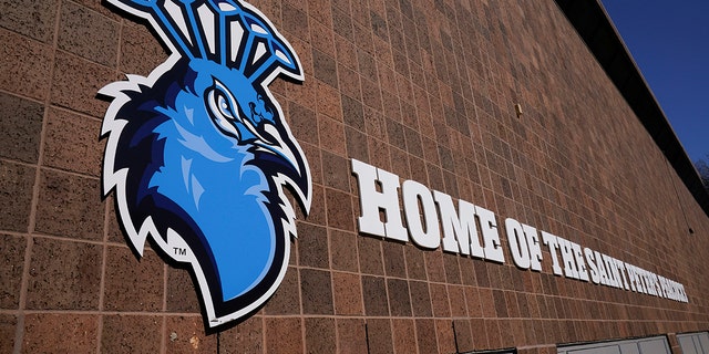 An image of a peacock adorns the recreation center at Saint Peter's University in Jersey City, New Jersey, Monday, March 21, 2022.
