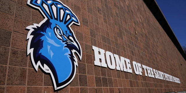 An image of a peacock adorns the recreation center at Saint Peter's University in Jersey City, New Jersey, Monday, March 21, 2022.
