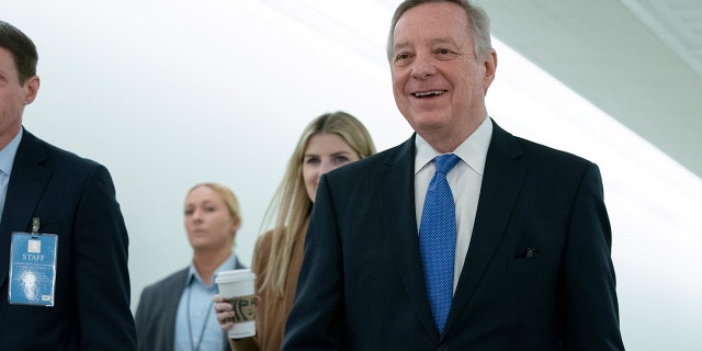 Sen. Dick Durbin, D-Ill., Chairman of the Senate Judiciary Committee, arrives for a Senate Judiciary Committee confirmation hearing for Supreme Court nominee Ketanji Brown Jackson on Capitol Hill in Washington, Wednesday, March 23, 2022.