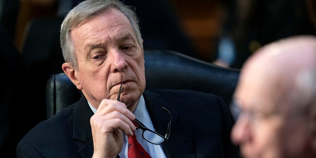Chairman of the Senate Judiciary Committee Sen. Dick Durbin, D-Ill., listens as Sen. Patrick Leahy, D-Vt., during the confirmation hearing for Supreme Court nominee Ketanji Brown Jackson.