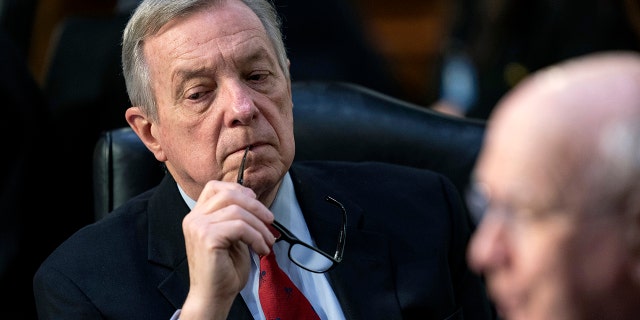 Chairman of the Senate Judiciary Committee Sen. Dick Durbin, D-Ill., listens as Sen. Patrick Leahy, D-Vt., questions Supreme Court nominee Ketanji Brown Jackson during her confirmation hearing before the Senate Judiciary Committee, Tuesday, March 22, 2022, in Washington. (AP Photo/Evan Vucci)