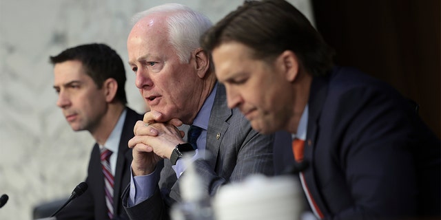 Republican Sens (L to R) Tom Cotton, John Cornyn and Ben Sasse listen to testimony from intelligence community leaders during a Senate hearing on March 10, 2022 in Washington, D.C.
