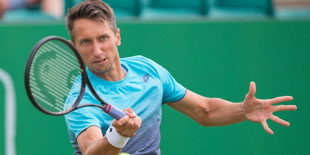 Tennis star Sergiy Stakhovsky enlisted in his country's military reserves.  He is pictured in action during the Nature Valley Open tennis tournament at Nottingham Tennis Center on June 13, 2018, in Nottingham, England.