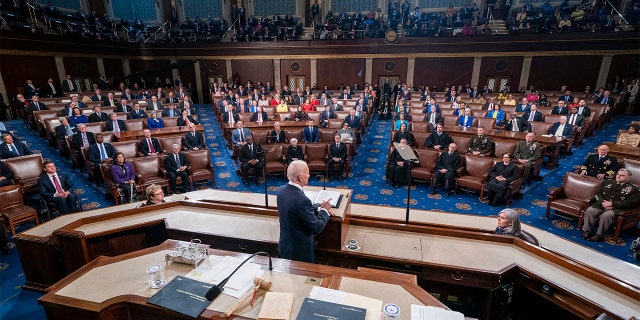 President Joe Biden delivers his first State of the Union address to a joint session of Congress at the Capitol, Tuesday, March 1, 2022, in Washington. (Shawn Thew/Pool via AP)