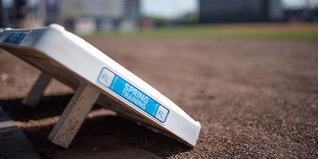 A base on the field before the spring training game between the New York Yankees and the Miami Marlins at George M. Steinbrenner Field on March 18, 2018, in Tampa, Florida.