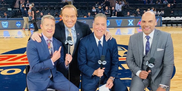 Steve Lavin, second from right, is a college basketball analyst for FOX Sports. (From L-R) Rob Stone, Tim Brando, Steve Lavin and Donny Marshall.