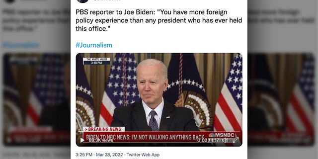 Photo of tweet by GOP strategist, Steve Guest, calling out a PBS reporter's flattering comment to President Biden at White House, March 28, 2022.