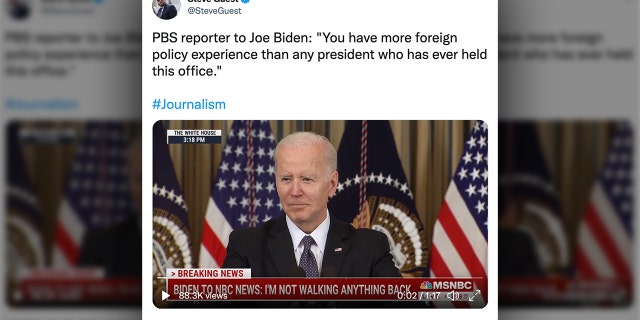 Photo of tweet by GOP strategist, Steve Guest, calling out a PBS reporter's flattering comment to President Biden at White House, March 28, 2022.