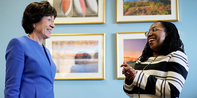 FILE - Supreme Court nominee Ketanji Brown Jackson meets with Sen. Susan Collins, R-Maine, on Capitol Hill in Washington, March 8, 2022.