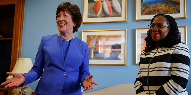 U.S. Senator Susan Collins, R-Maine, meets with U.S. Supreme Court nominee and federal appeals court Judge Ketanji Brown Jackson in her office on Capitol Hill in Washington, U.S., March 8, 2022.