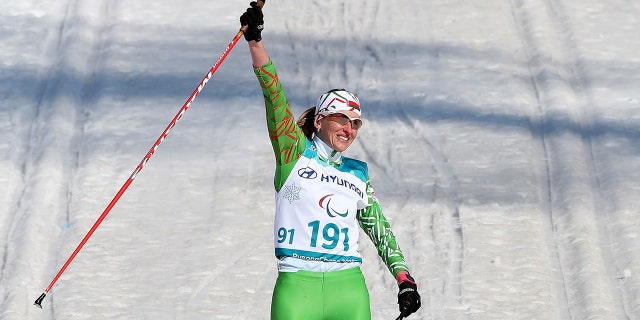 Sviatlana Sakhanenka of Belarus celebrates after winning the Cross-Country Skiing - W 1.5km Sprint Classic Final, Visually Impaired on day five of the Pyeongchang 2018 Paralympic Games on March 14, 2018, in Pyeongchang-gun, South Korea.