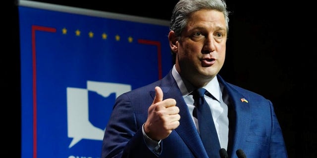 U.S. Senate Democratic candidate Rep. Tim Ryan answers a question during Ohio's U.S. Senate Democratic Primary Debate on Monday, March 28, 2022 at Central State University in Wilberforce, Ohio. (Joshua A. Bickel/The Columbus Dispatch via AP, Pool)