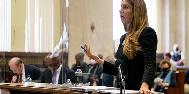 Tina Glandian, attorney for actor Jussie Smollett, speaks at his sentencing hearing, Thursday, March 10, 2022 at the Leighton Criminal Court Building in Chicago. A U.S. District Judge in Chicago ruled, Friday, March 18, 2022, that Glandian might have defamed the two Black brothers who testified that they participated in a fake racist and homophobic attack on the actor when she suggested they had been wearing "whiteface". (Brian Cassella/Chicago Tribune via AP, Pool File)