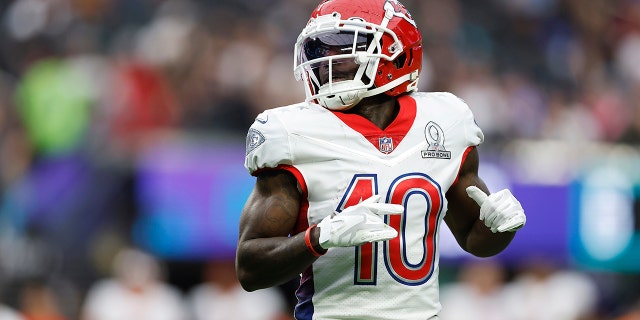 Tyreek Hill of the Kansas City Chiefs and AFC looks on in the second half of the 2022 NFL Pro Bowl against the NFC at Allegiant Stadium on Feb. 6, 2022, in Las Vegas, Nevada.